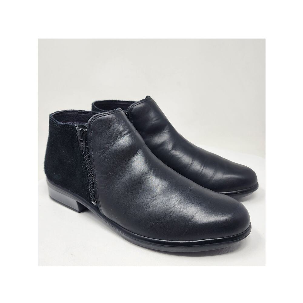 NAOT Helm Bootie Women 10 Black Leather & Suede Side Zip Comfort Shoes